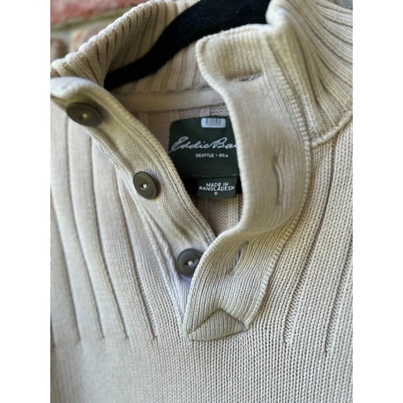 Eddie Bauer Men's Ribbed Knit Button-Up‎ Sweater Beige 100% Cotton Size S - Picture 3 of 6